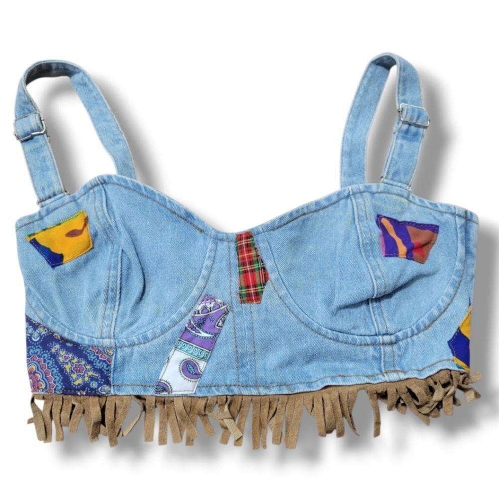 Vintage Dakota Blue Top Size Small Womens Vintage Top Denim Top Patchwork Fringe